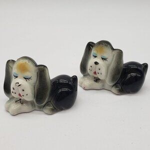 Pair of Vintage White Black Grey Porcelain Sleeping Beagle Dog Figurines